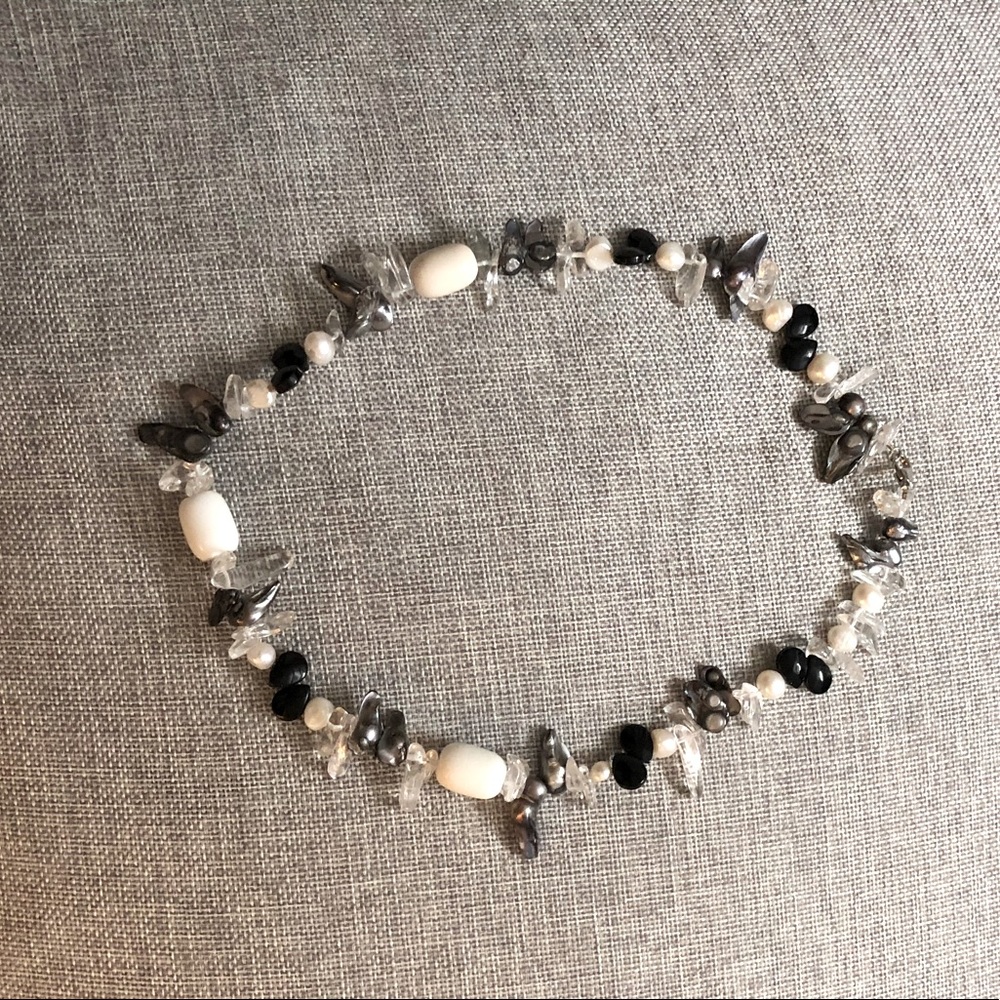 Black, white, clear, and black abilone necklace